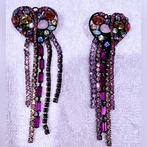 Old Hollywood Style Rhinestone Heart Tassel Statement Earrings